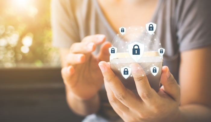 woman on smartphone surrounded by locks graphic img